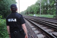 policjanci zabezpieczaja strfę ochronną znalezienia niewybuchu przy torach kolejowych