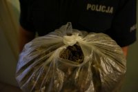 policjant trzyma w ręku zabezpieczony worek z marihuaną