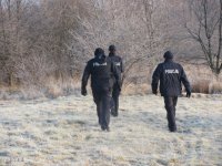 policjanci idą w polu, w kierunku lasu,zima